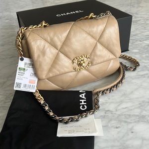 Chanel 19 flap bag, dark beige, gold hardware, new with tags, and receipt